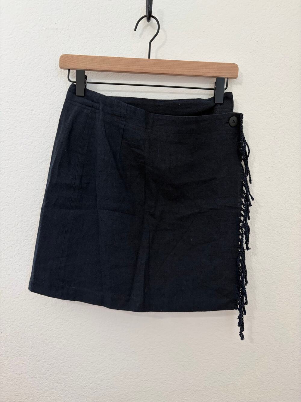 Vintage Express Mini Wrap Skirt Size 4 Linen Black Western Fringe Made in Italy